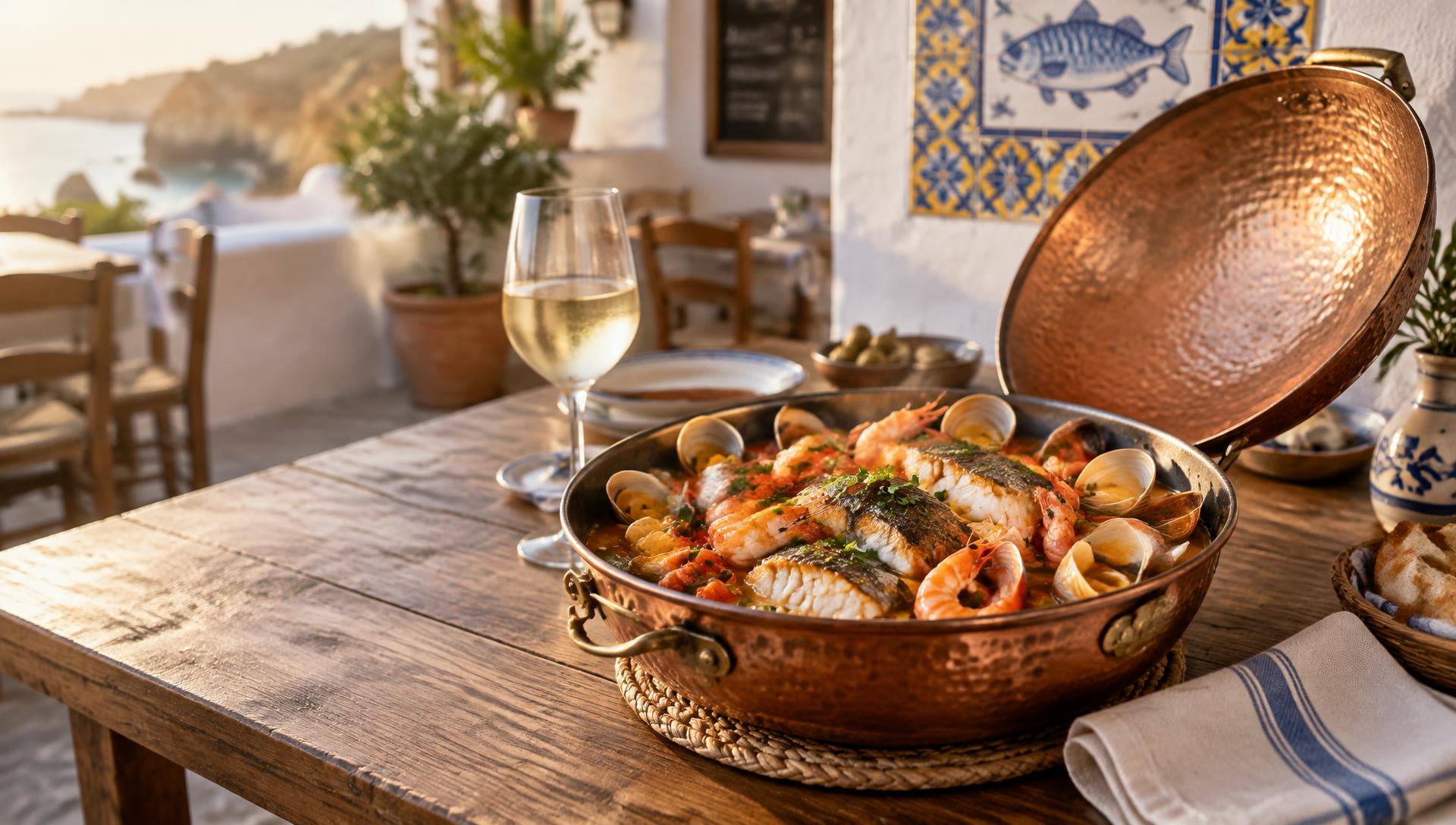 Cataplana de peixe e marisco numa mesa do Tavira e Sal